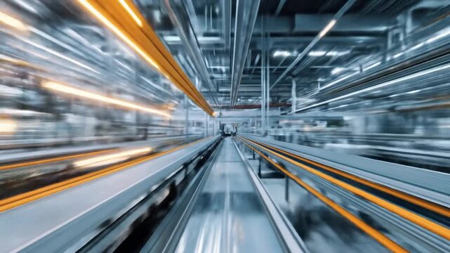 A dynamic view of a high-tech manufacturing facility showcasing streamlined machinery and illuminated conveyor belts, emphasizing efficiency and innovation in production processes