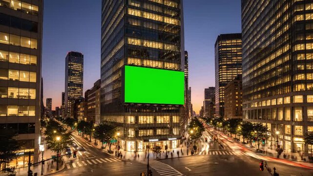 Green screen billboard on modern city building with traffic light trails at golden hour to night for urban advertising concept and digital communication