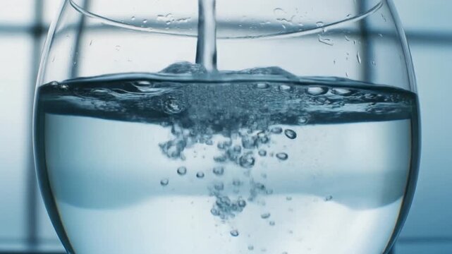 A refreshing stream of pure, clean water fills a transparent glass, creating an invigorating splash and tiny bubbles, symbolizing hydration and clarity for a healthy lifestyle and essential wellbeing