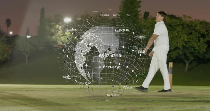 Bowler starting run-up and releasing ball while data globe showing ball path over pitch for sports