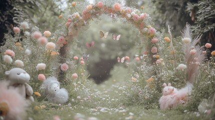 Enchanted garden with floral archway and whimsical plush creatures in soft focus