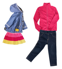 adorable children's clothing set featuring a denim jacket with a skirt and a pink fleece jacket with dark wash jeans for kids © Jane