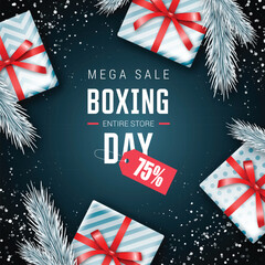 Boxing Day Mega Sale Banner with Snow and Gift Boxes Design