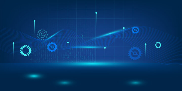 Dynamic blue abstract technology background with glowing gears, interconnected data lines, and binary code, representing digital innovation and engineering solutions.