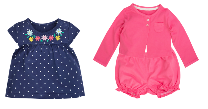 charming baby outfits featuring a navy blue polka dot dress with embroidered flowers and a pink cardigan set with matching bloomers for infant girls - Powered by Adobe