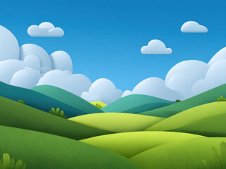 Vibrant landscape featuring rolling green hills under bright blue sky with fluffy white clouds, creating serene and peaceful atmosphere