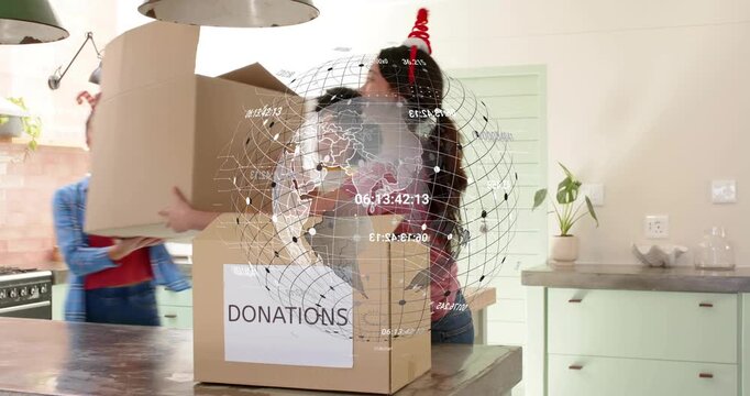 Right woman arriving, 3 women packing holiday donations at island, globe overlay obscuring