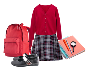 complete school uniform set featuring a red cardigan, plaid skirt, and black mary jane shoes, accompanied by a backpack and school supplies, for a student's educational needs