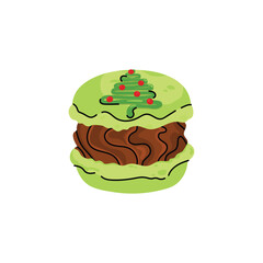 Cute and colorful Christmas macaron with different flavors. Sweet and festive dessert collection with Santa, reindeer, snowman and holiday decorations. Flat vector isolated on white