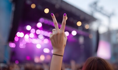  concert photograph of the back of a woman&rsquo;s hand raised above the crowd, making a V peace sign with the index and middle finger