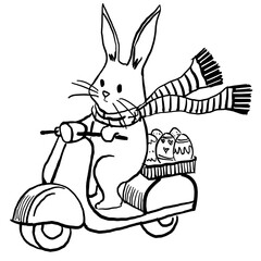 Cute vectorized illustration of the easter bunny distributing eggs on a motor bike. 