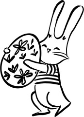 vectorized hand drawn illustration of the easter bunny holding a huge decorated egg