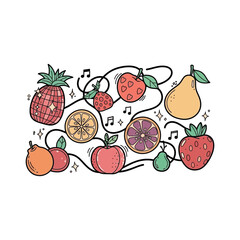 Vibrant hand drawn fruits collection with musical notes isolated on transparent background isolated on white background