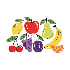 A colorful assortment of fresh fruits including apple banana and grapes isolated on transparent background isolated on white background