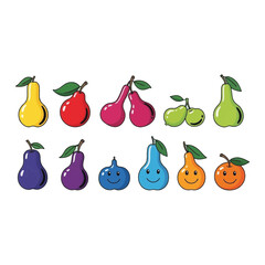 Collection of colorful cartoon fruits with happy faces isolated on transparent background isolated on white background