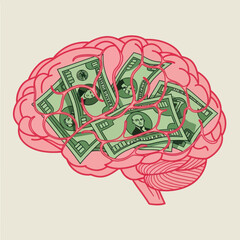 Brain filled with money representing financial thoughts and ideas.