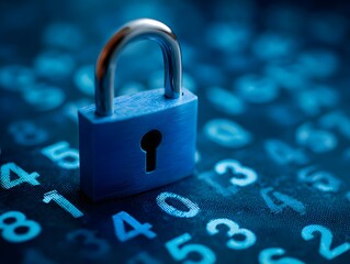 Secure digital padlock symbol representing data protection and online privacy with glowing blue numerical background symbolizing technology and cybersecurity concepts