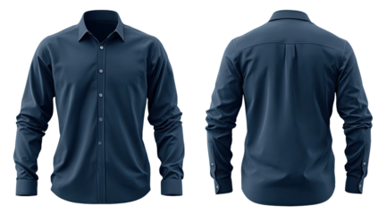Dark blue long-sleeved shirt viewed from front and back