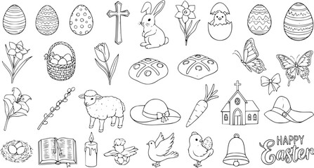 Easter Holiday Black  White Line Art Icons Set - Collection of Celebration Symbols, Religious Elements, and Spring Doodles for Graphic Design and Web Assets