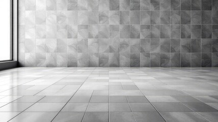 Tiled room with large window. Gray hues, symmetrical