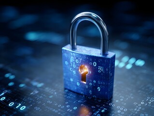 Secure digital padlock glowing with internal light symbolizing data protection and cybersecurity on a background of abstract binary code and circuits