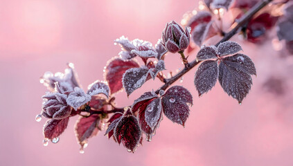 Elegant frosted purple leaves and soft buds in pink bokeh