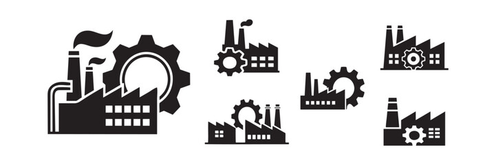 Set of Industrial Gear and Factory Silhouette Icons Mechanical Engineering and Automation Vector