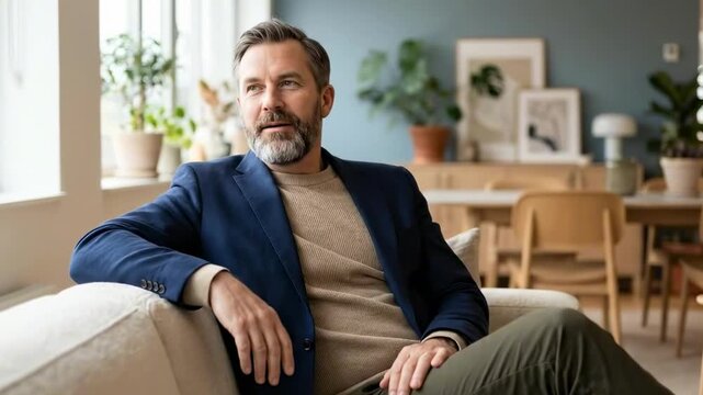 classy man - A well-dressed man sits comfortably on a sofa in a modern, stylish living room filled with plants, artwork, and natural light, exuding confidence and relaxation