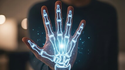 Hand x ray visualization with glowing bones and person in background