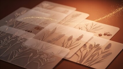 Warm, artistic layout featuring translucent botanical stencils layered over a glowing amber background, with delicate etched plants and sparkling particles creating a refined, magical mood.