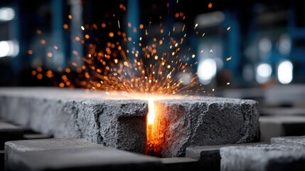 A piece of metal is being cut with a torch, creating sparks and fire
