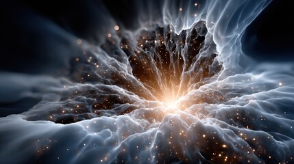 A bright light is seen in the center of a dark space