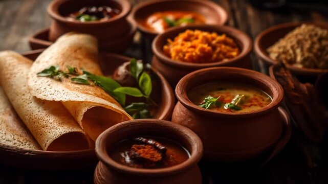 A vibrant spread of traditional South Indian cuisine featuring crispy dosa served with a variety of colorful chutneys and sambar in clay pots, set on a rustic wooden table
