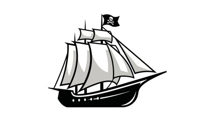 Vintage pirate ship illustration with sails and skull flag