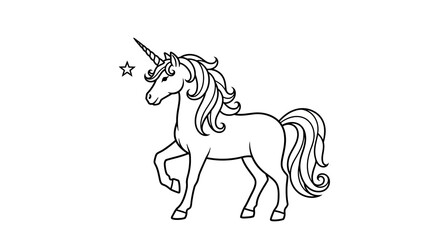 Black and white outline of a unicorn with a star