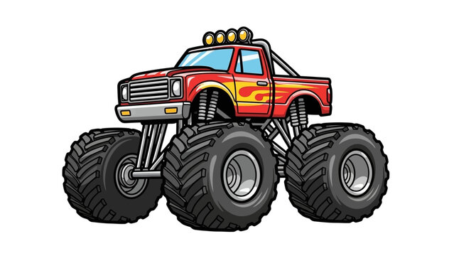 Cartoon red monster truck with oversized tires on white background