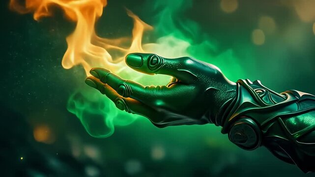 Futuristic Green Hand Holding Magical Fire and Energy