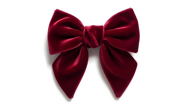 A red velvet bow is tied in a knot. The bow is tied in a way that it looks like it is about to be worn