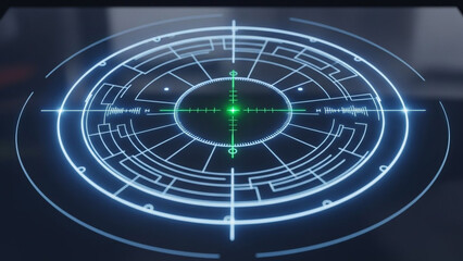 Abstract futuristic hud element virtual display, target aiming system with crosshair, digital data interface with geometric shapes and lines on dark background