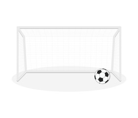 White goal frame with netting and a classic black and white football resting on the ground near the post.