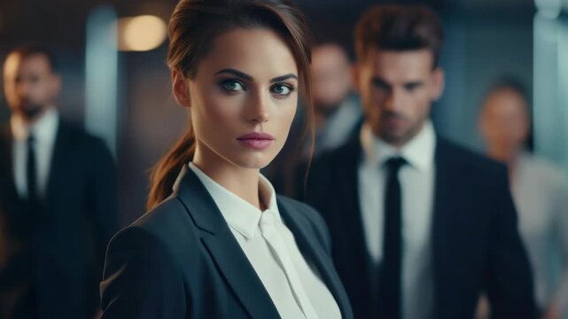 Female executive in professional attire walking towards the camera with intent expression and gaze into the distance. She's surrounded by blurred figures of colleagues on a business floor.