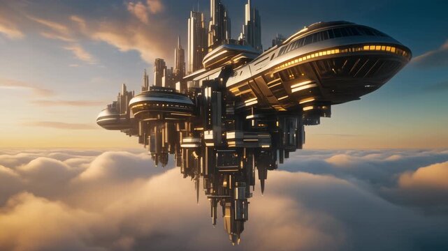 Visionary futuristic city floating serenely above a dramatic cloudscape, showcasing innovative architecture and advanced design in a breathtaking utopian view of tomorrow's skyline