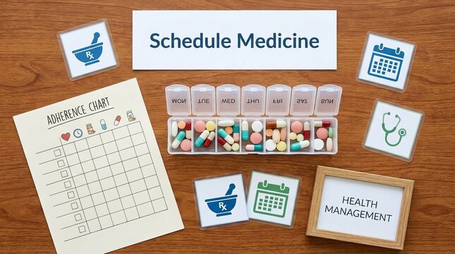 'Schedule Medicine' displayed clearly above a weekly pill organizer and an adherence chart, creating an organized, informative medication-tracking visual