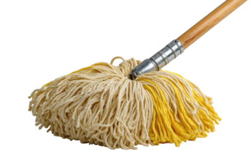 String mop with a wooden handle on dark background
