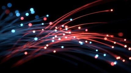 Flowing lines of red and blue lights on a black background, abstract effect
