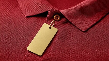 Burgundy polo shirt detail with tan tag hanging from button