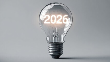 Lit lightbulb reads "2026", illuminated on gray backdrop