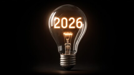 Glowing lightbulb with "2026" inside. Dark background, bright filament