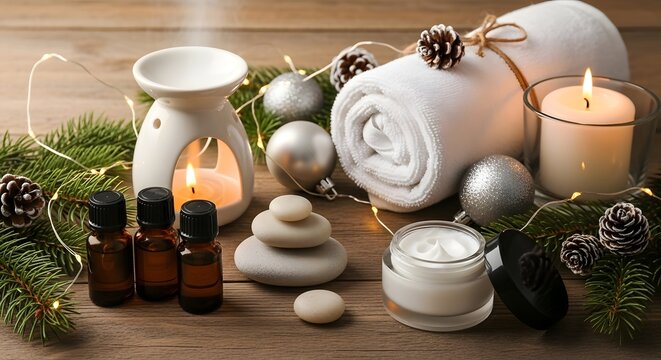 Aromatherapy spa setup with essential oils, candles, towels, and Christmas pine decorations on wood.