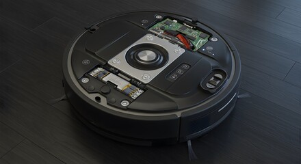 A black robot vacuum cleaner is displayed with its components partially visible on a dark wood floor